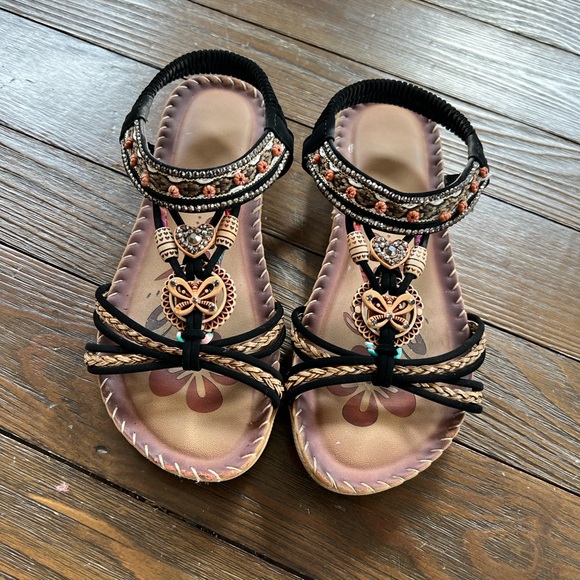 Embellished Black and Tan Boho Sandals - Picture 1 of 7